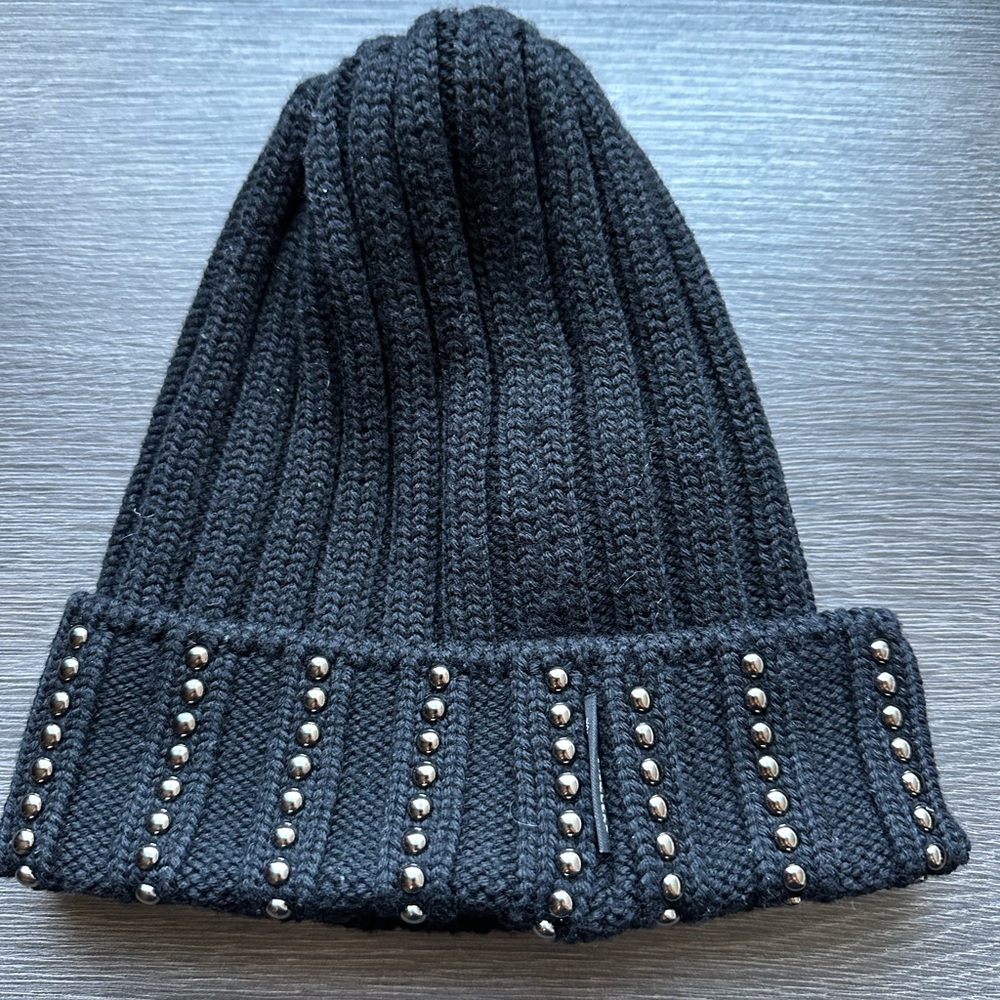 Authentic Moncler Black Knit Beanie with gunmetal Nailheads